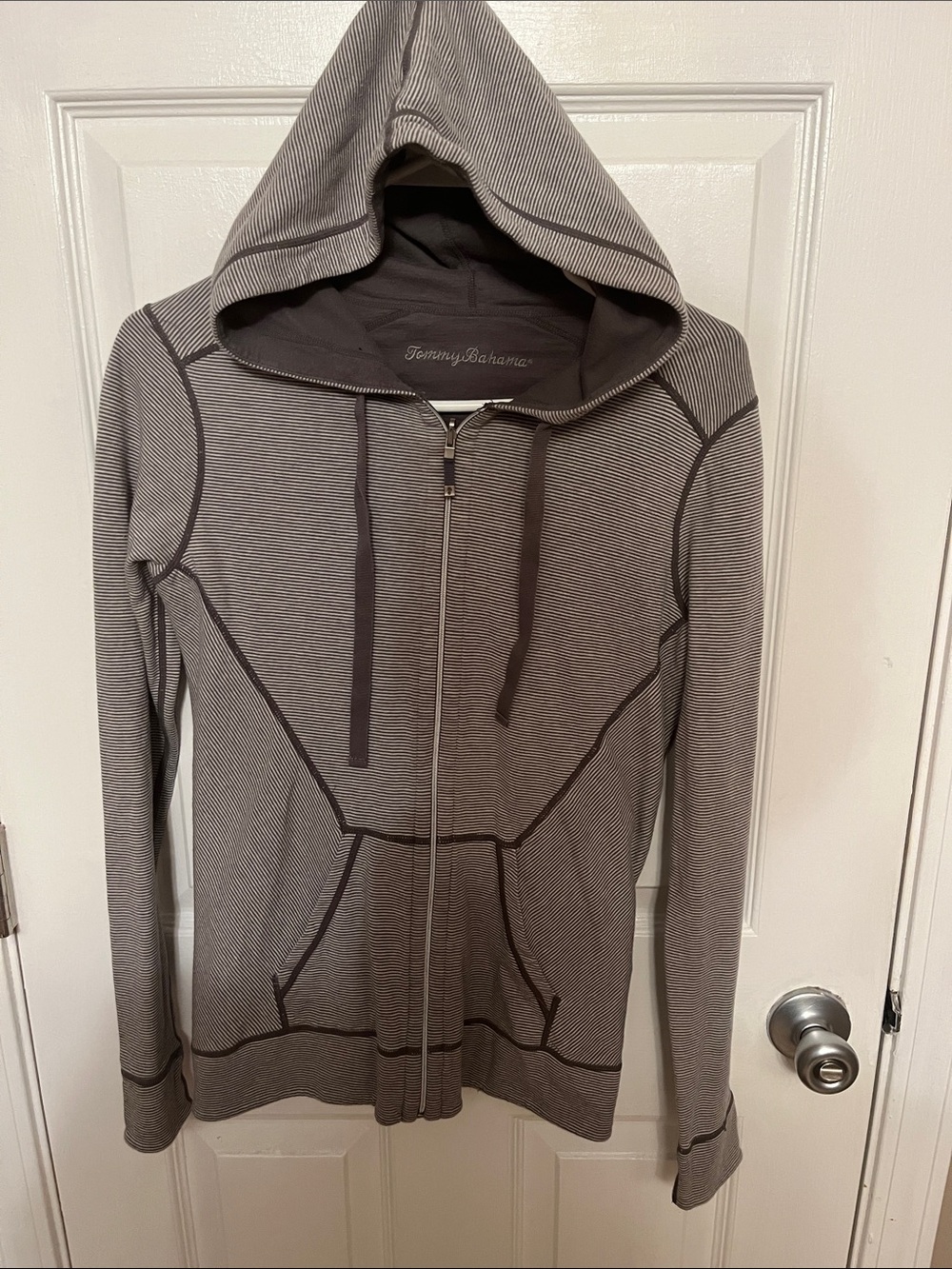 Tommy Bahama Men's Gray Striped Zip-Up Hoodie Sweater